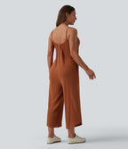 Wide Leg Casual Linen-Feel Slip Jumpsuit with Pockets — Rust — view 2