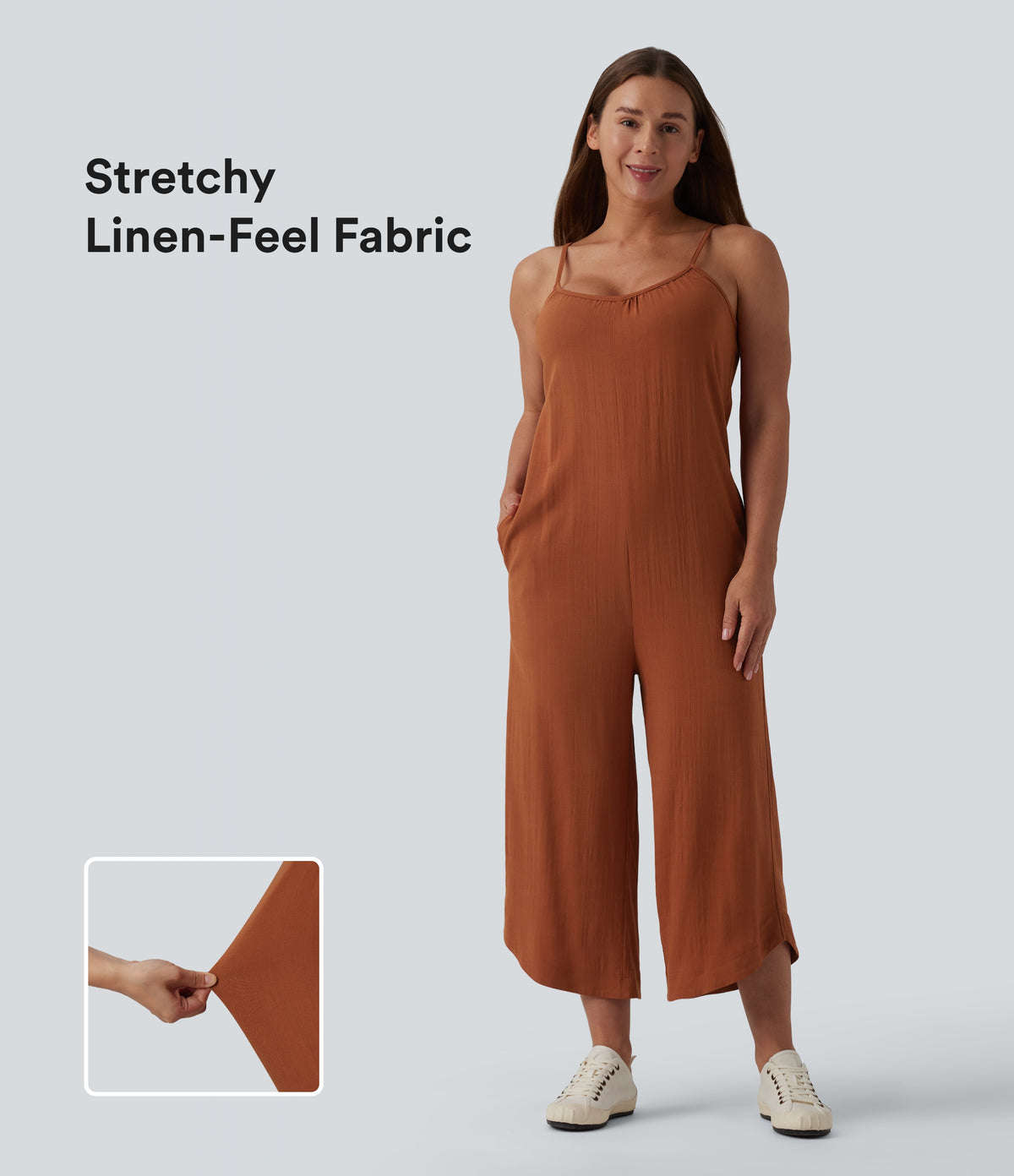 Wide Leg Casual Linen-Feel Slip Jumpsuit with Pockets — Rust — view 1
