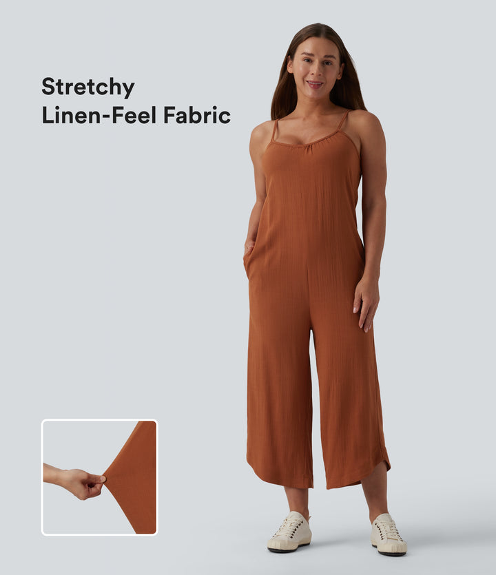 Wide Leg Casual Linen-Feel Slip Jumpsuit with Pockets — Rust — view 1