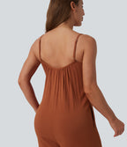 Wide Leg Casual Linen-Feel Slip Jumpsuit with Pockets — Rust — view 4