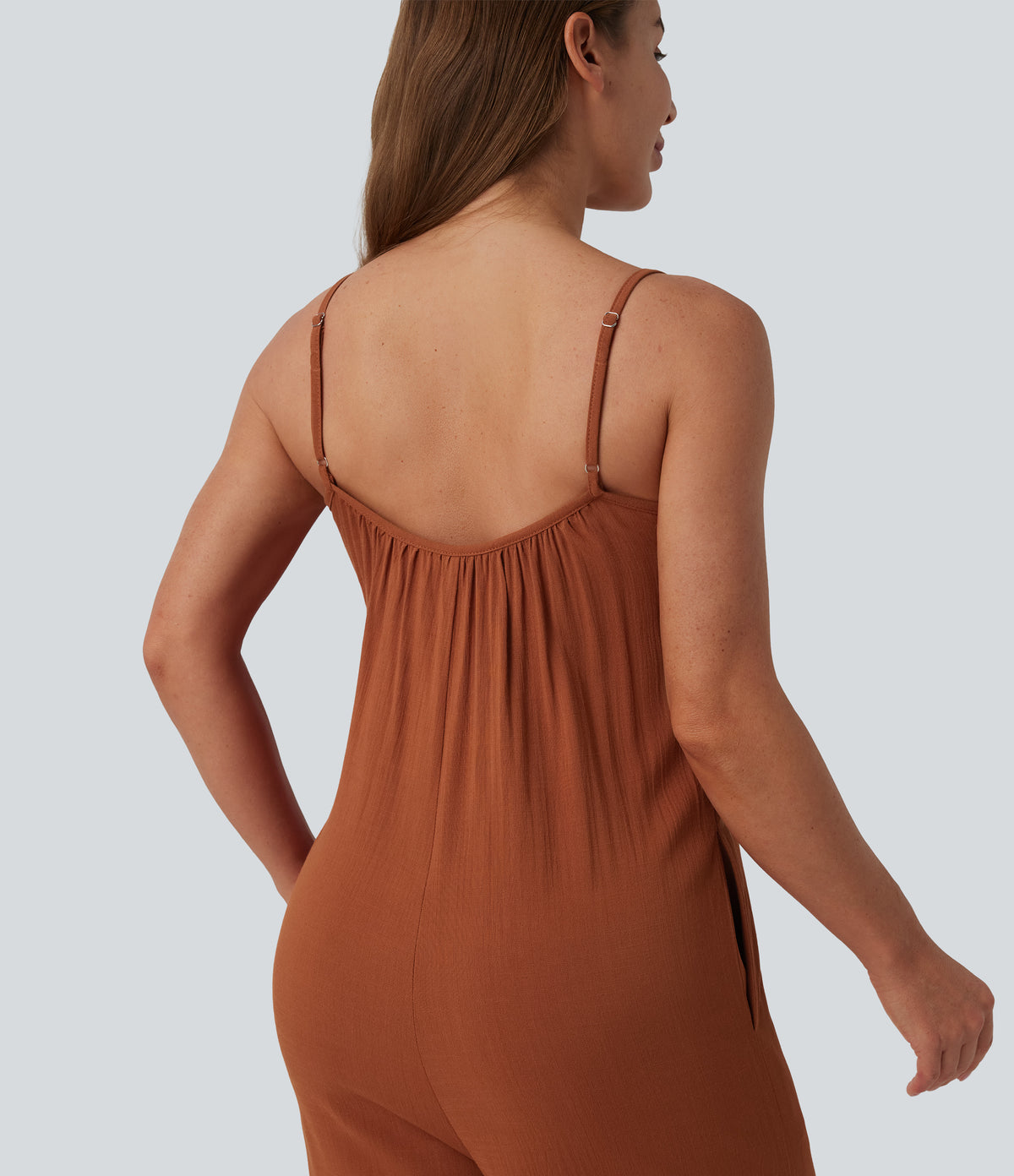 Wide Leg Casual Linen-Feel Slip Jumpsuit with Pockets — Rust — view 4