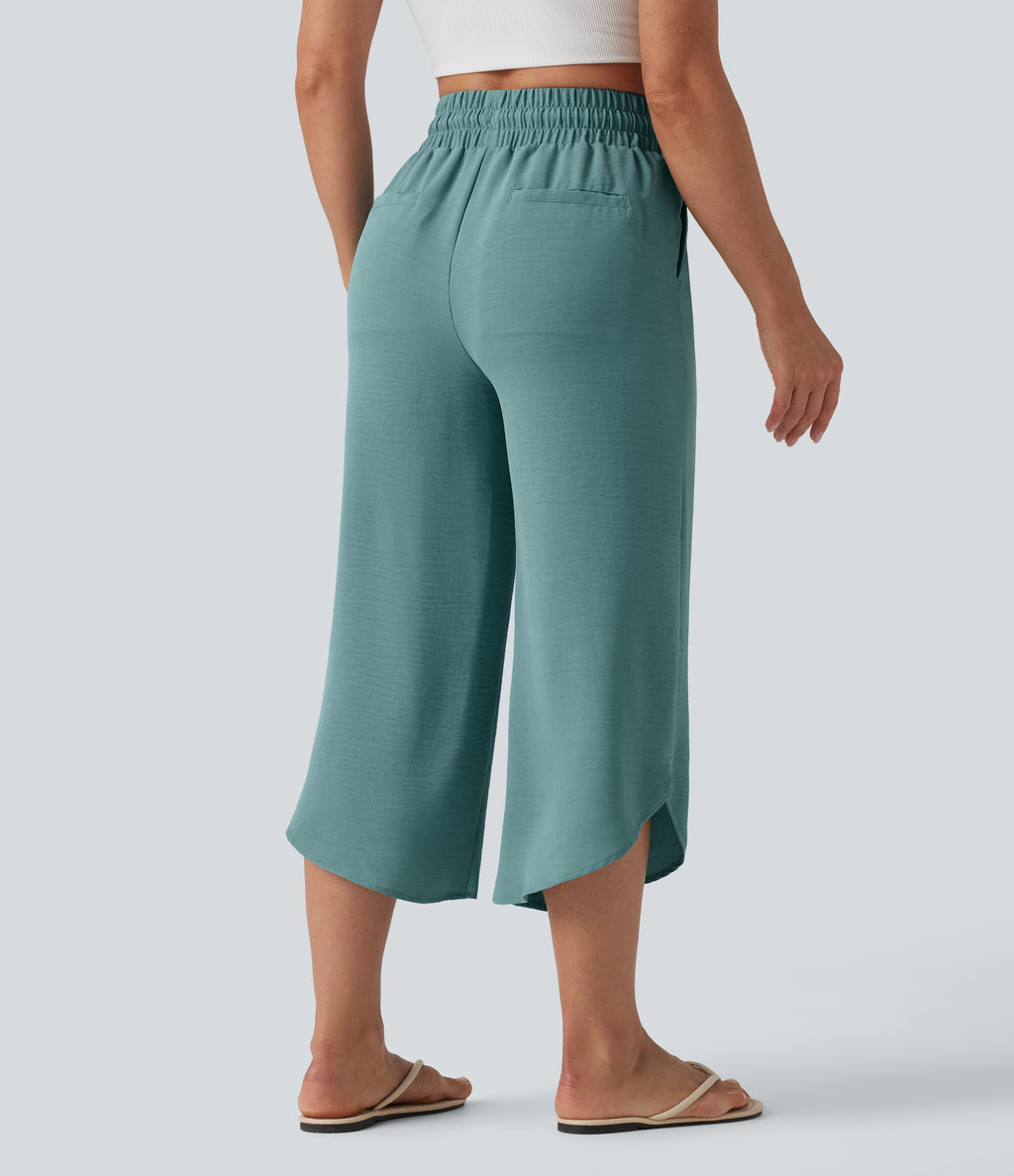 High Waisted Drawstring Curved Hem Cropped Casual Linen-Feel Trousers with Pockets — Mineral Blue — view 2