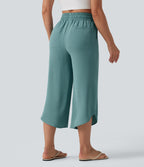 High Waisted Drawstring Curved Hem Cropped Casual Linen-Feel Trousers with Pockets — Mineral Blue — view 2