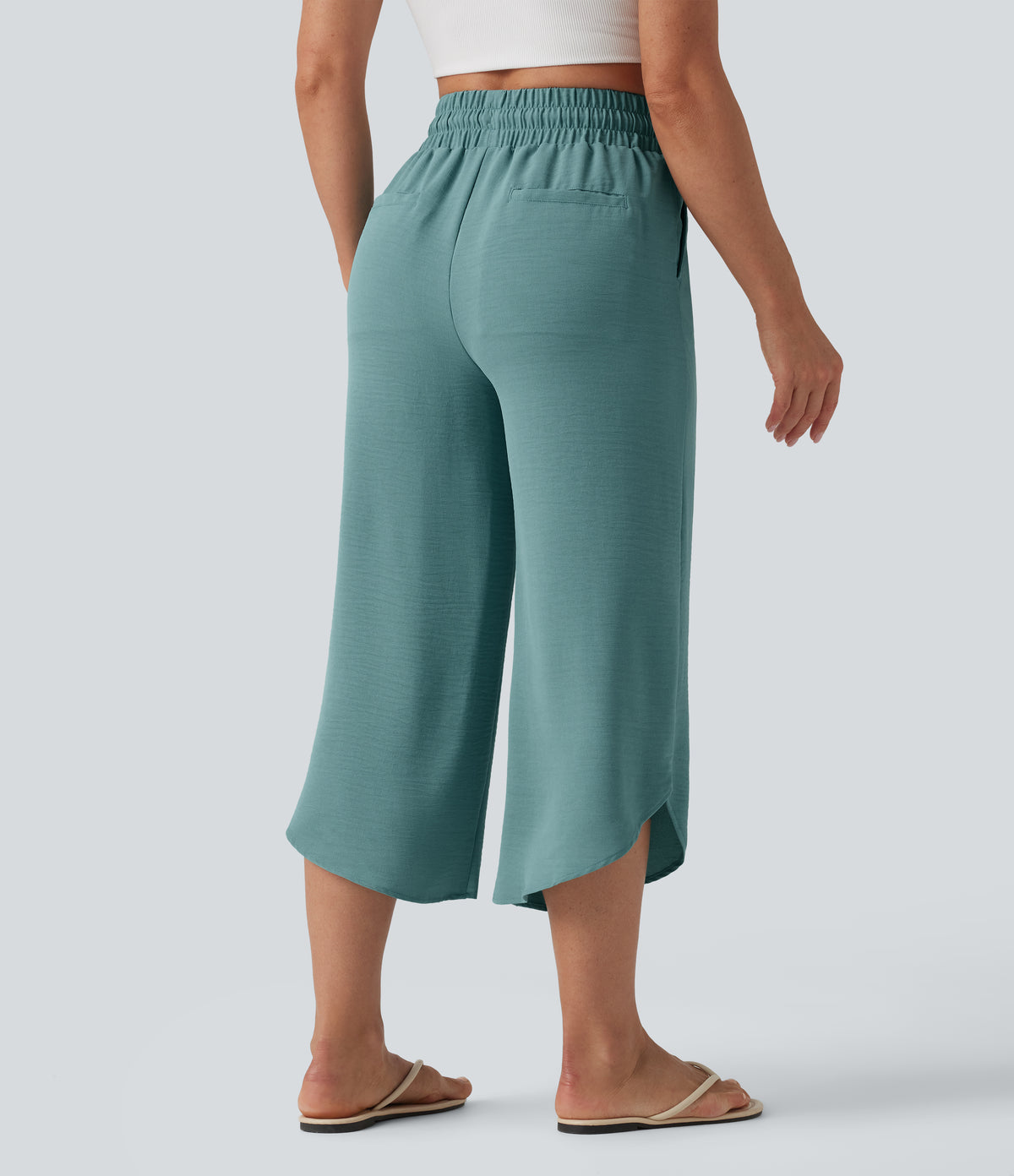 High Waisted Drawstring Curved Hem Cropped Casual Linen-Feel Trousers with Pockets — Mineral Blue — view 2