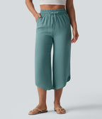 High Waisted Drawstring Curved Hem Cropped Casual Linen-Feel Trousers with Pockets — Mineral Blue — view 3