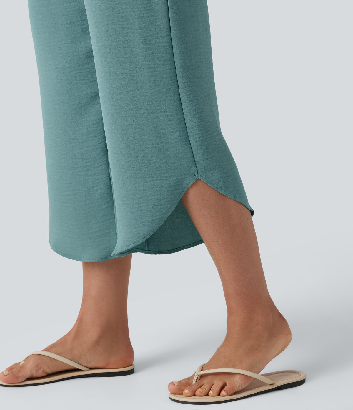 High Waisted Drawstring Curved Hem Cropped Casual Linen-Feel Trousers with Pockets — Mineral Blue — view 7