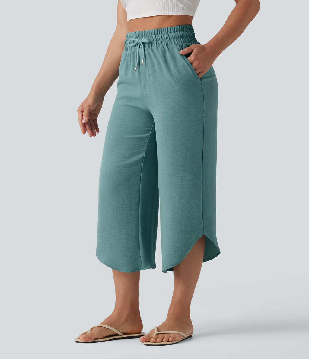 High Waisted Drawstring Curved Hem Cropped Casual Linen-Feel Trousers with Pockets — Mineral Blue — view 4