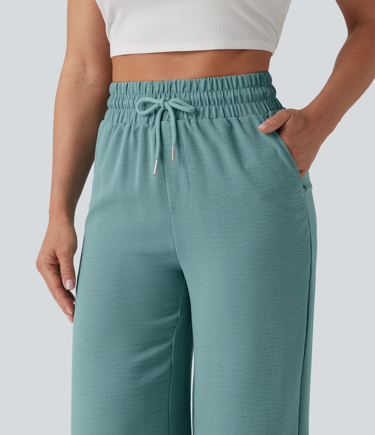 High Waisted Drawstring Curved Hem Cropped Casual Linen-Feel Trousers with Pockets — Mineral Blue — view 6