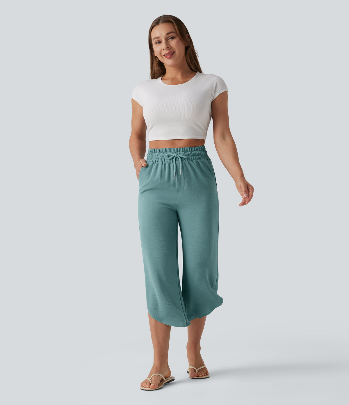 High Waisted Drawstring Curved Hem Cropped Casual Linen-Feel Trousers with Pockets — Mineral Blue — view 8