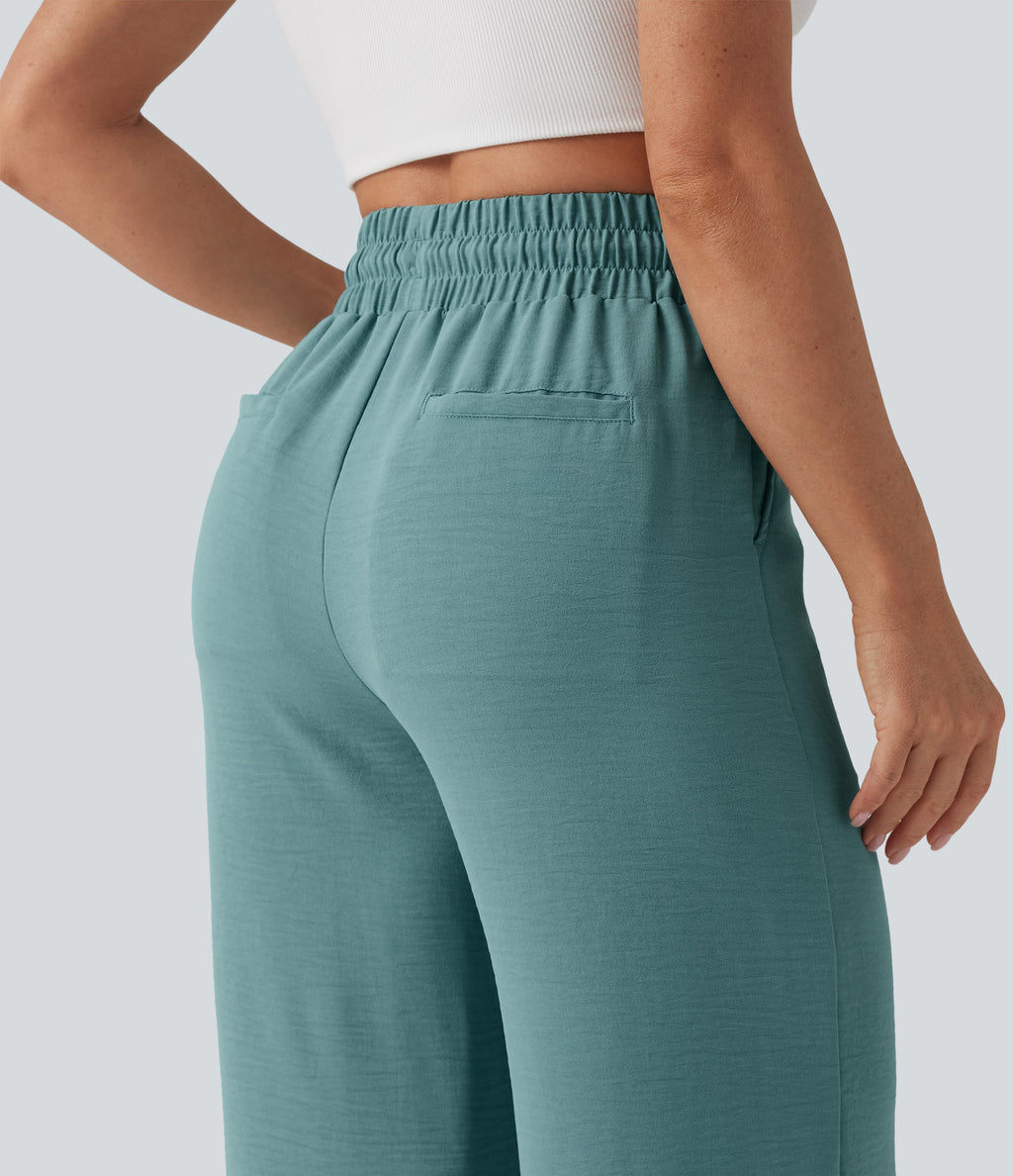 High Waisted Drawstring Curved Hem Cropped Casual Linen-Feel Trousers with Pockets — Mineral Blue — view 5