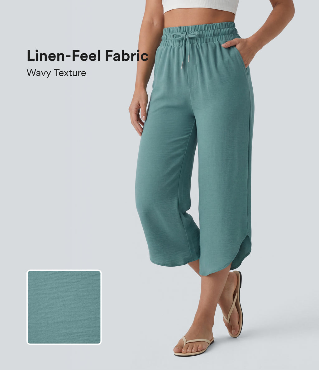 High Waisted Drawstring Curved Hem Cropped Casual Linen-Feel Trousers with Pockets — Mineral Blue — view 1