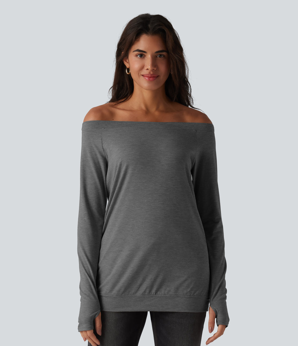 Off Shoulder Long Sleeve Thumb Hole Casual Top — Darl Gray Floral Yarn — view 1