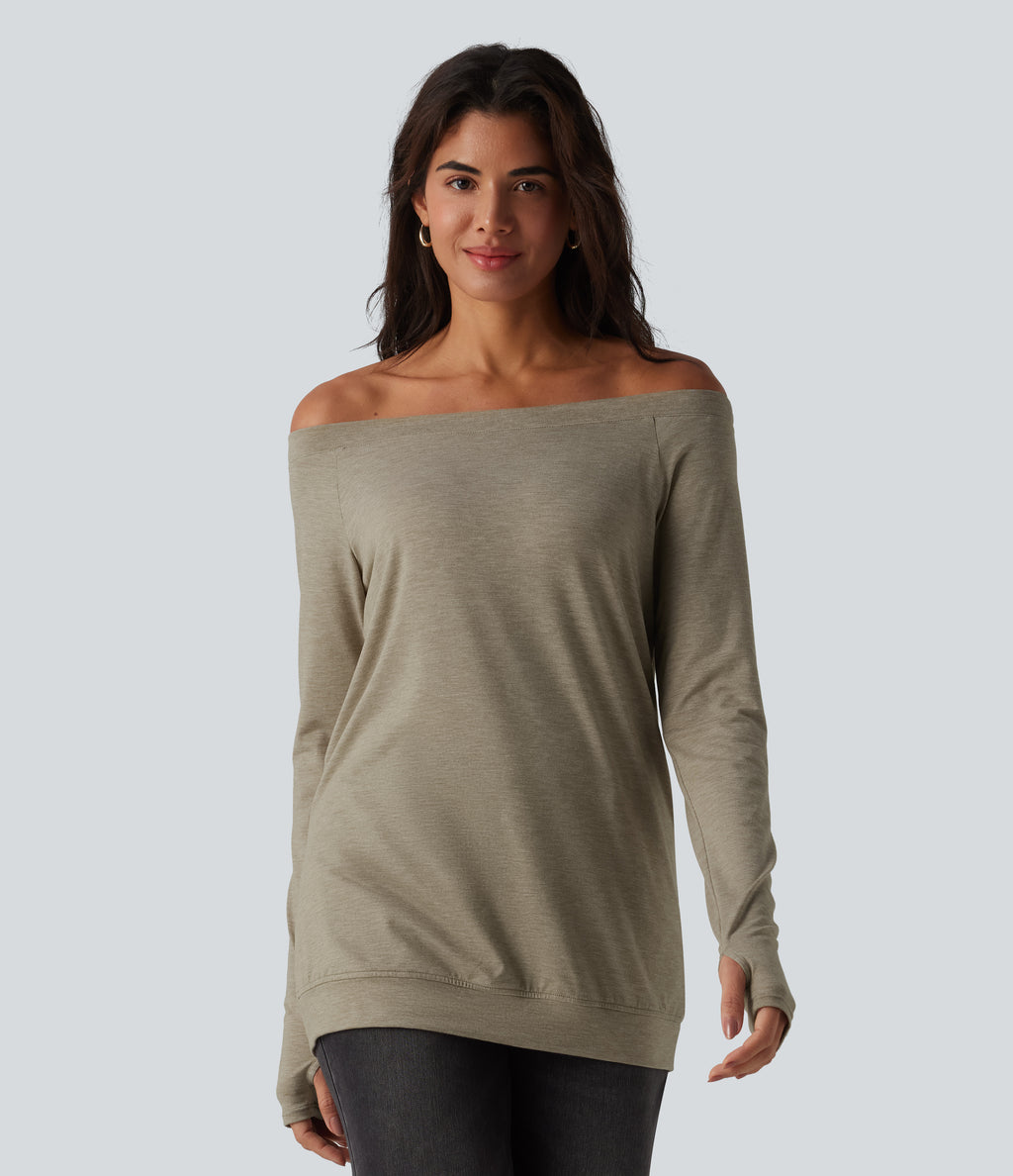 Off Shoulder Long Sleeve Thumb Hole Casual Top — Khaki Floral Yarn — view 6