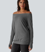 Off Shoulder Long Sleeve Thumb Hole Casual Top — Darl Gray Floral Yarn — view 4