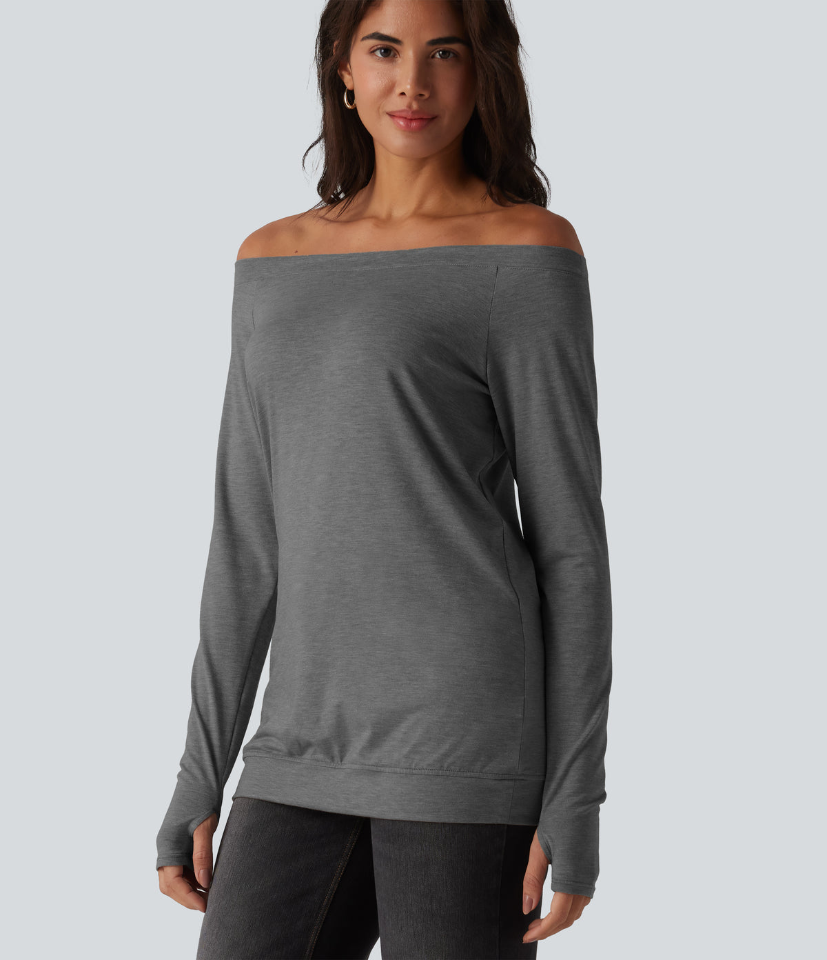 Off Shoulder Long Sleeve Thumb Hole Casual Top — Darl Gray Floral Yarn — view 4