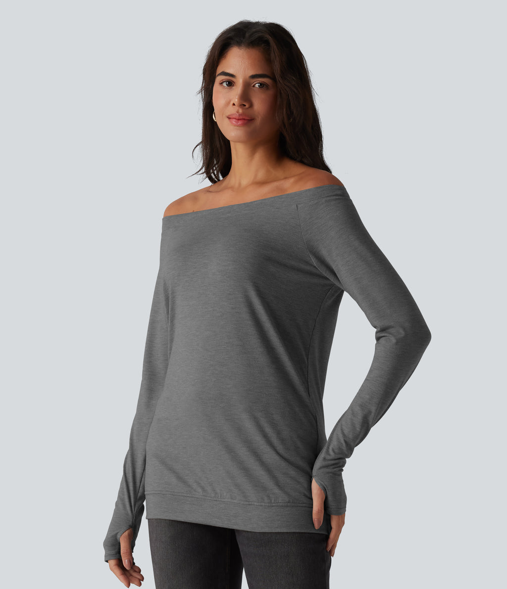 Off Shoulder Long Sleeve Thumb Hole Casual Top — Darl Gray Floral Yarn — view 3