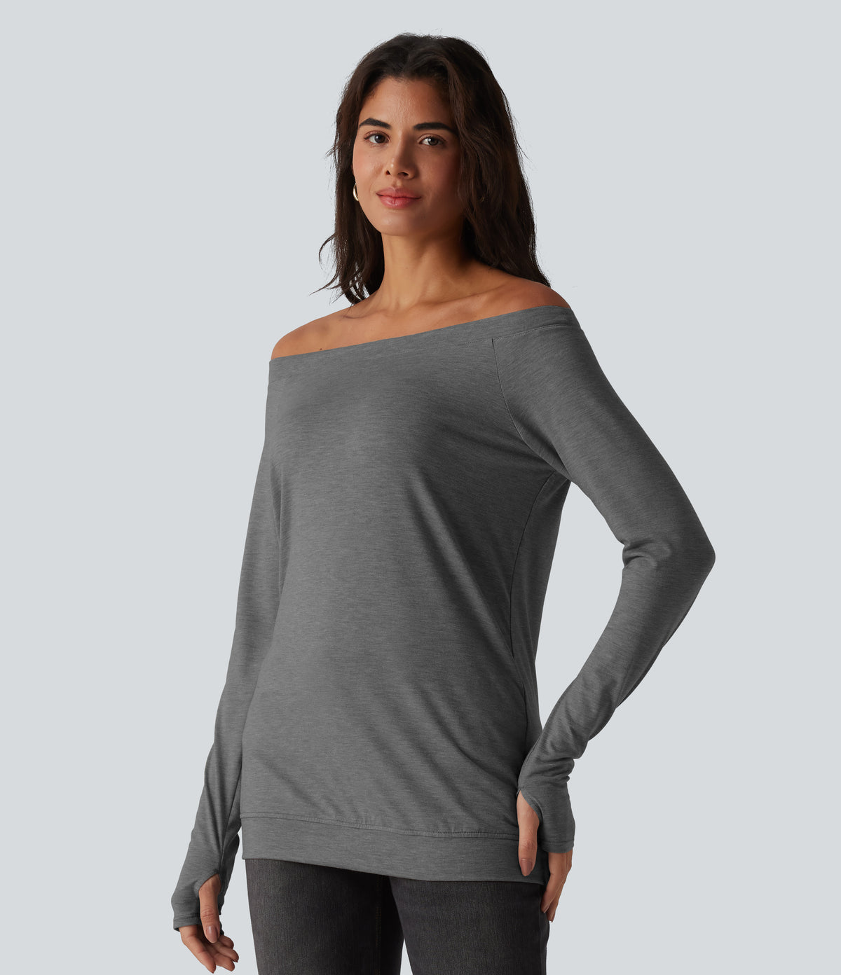 Off Shoulder Long Sleeve Thumb Hole Casual Top — Darl Gray Floral Yarn — view 3