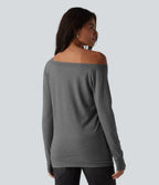 Off Shoulder Long Sleeve Thumb Hole Casual Top — Darl Gray Floral Yarn — view 2