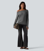 Off Shoulder Long Sleeve Thumb Hole Casual Top — Darl Gray Floral Yarn — view 5