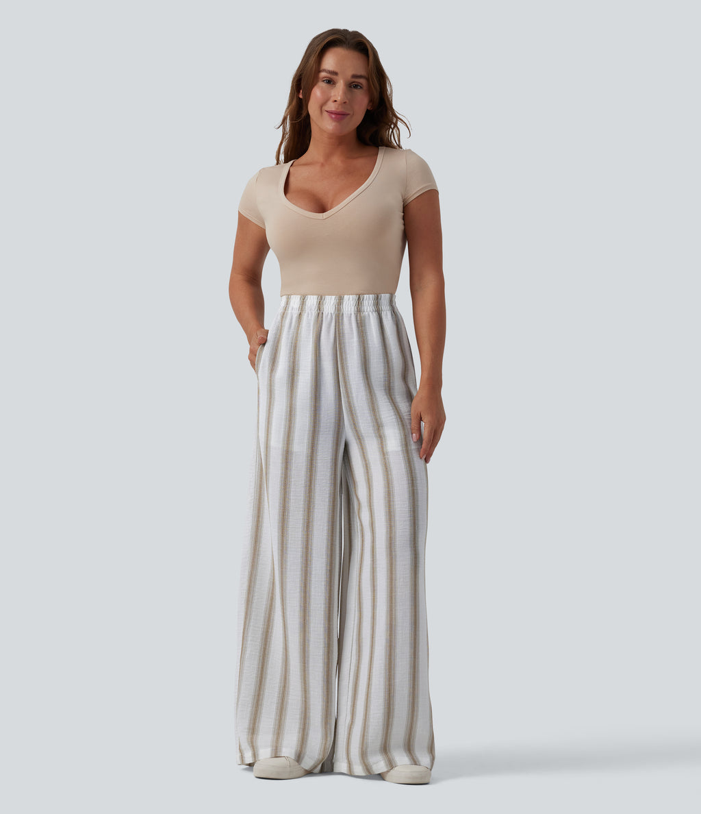 High Waisted Stripes Linen-Feel Casual Baggy Trousers with Pockets — Sandstone Stripe — view 6
