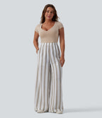 High Waisted Stripes Linen-Feel Casual Baggy Trousers with Pockets — Sandstone Stripe — view 6