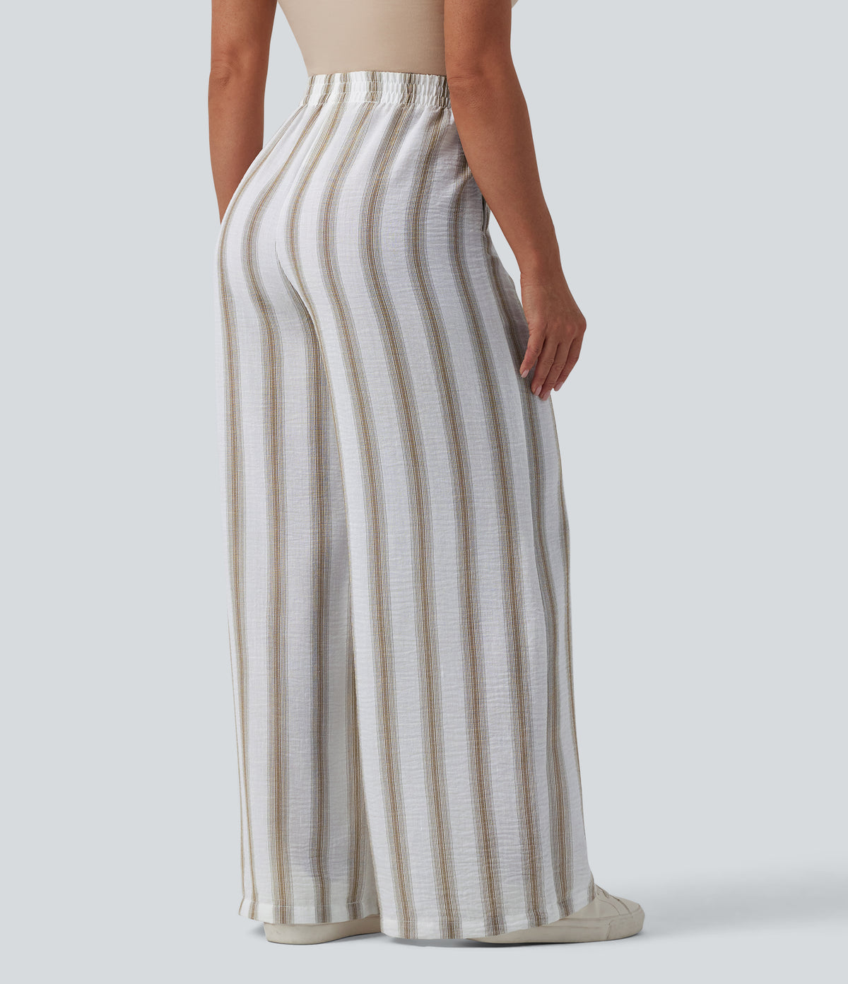 High Waisted Stripes Linen-Feel Casual Baggy Trousers with Pockets — Sandstone Stripe — view 2