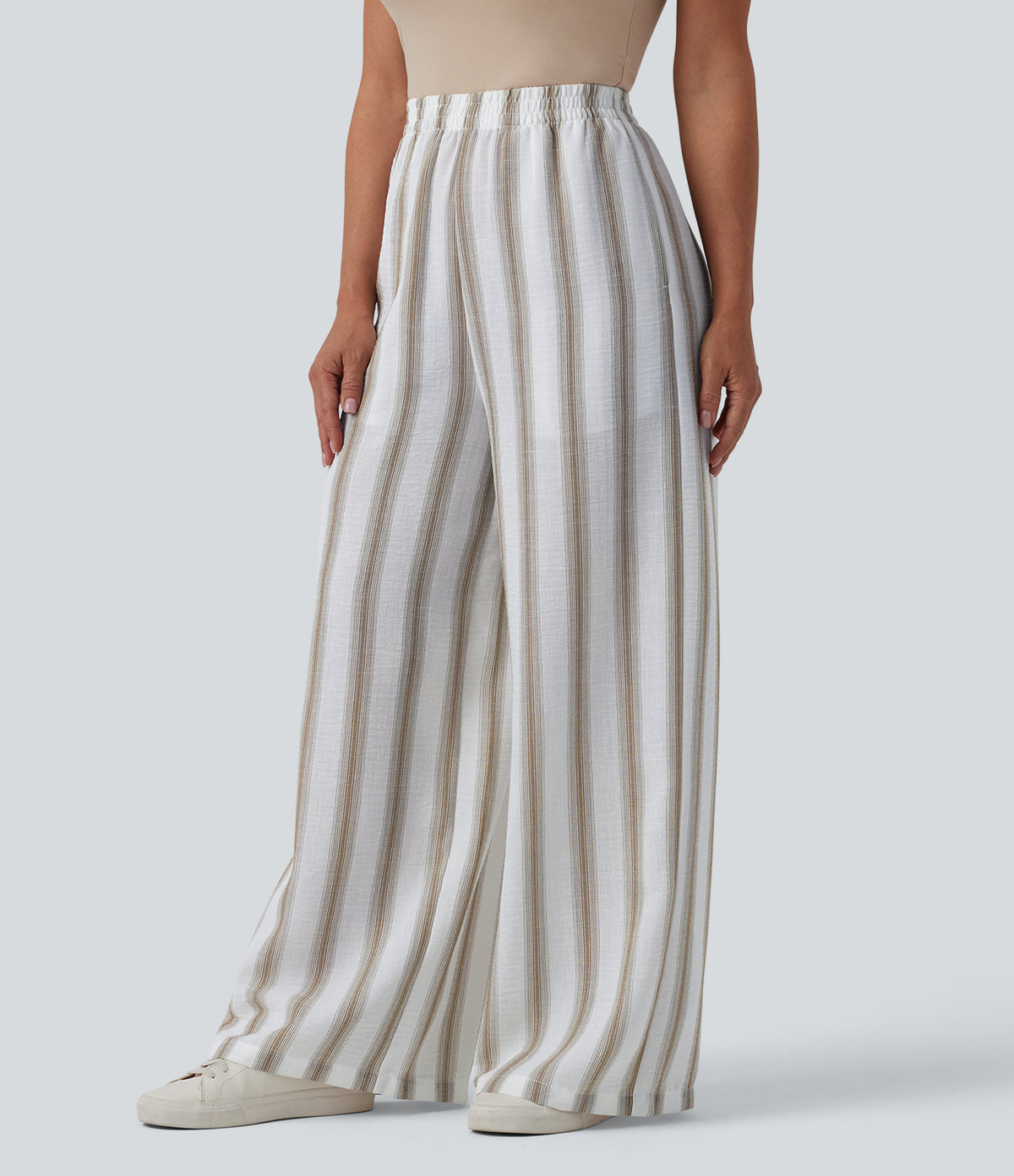 High Waisted Stripes Linen-Feel Casual Baggy Trousers with Pockets — Sandstone Stripe — view 3