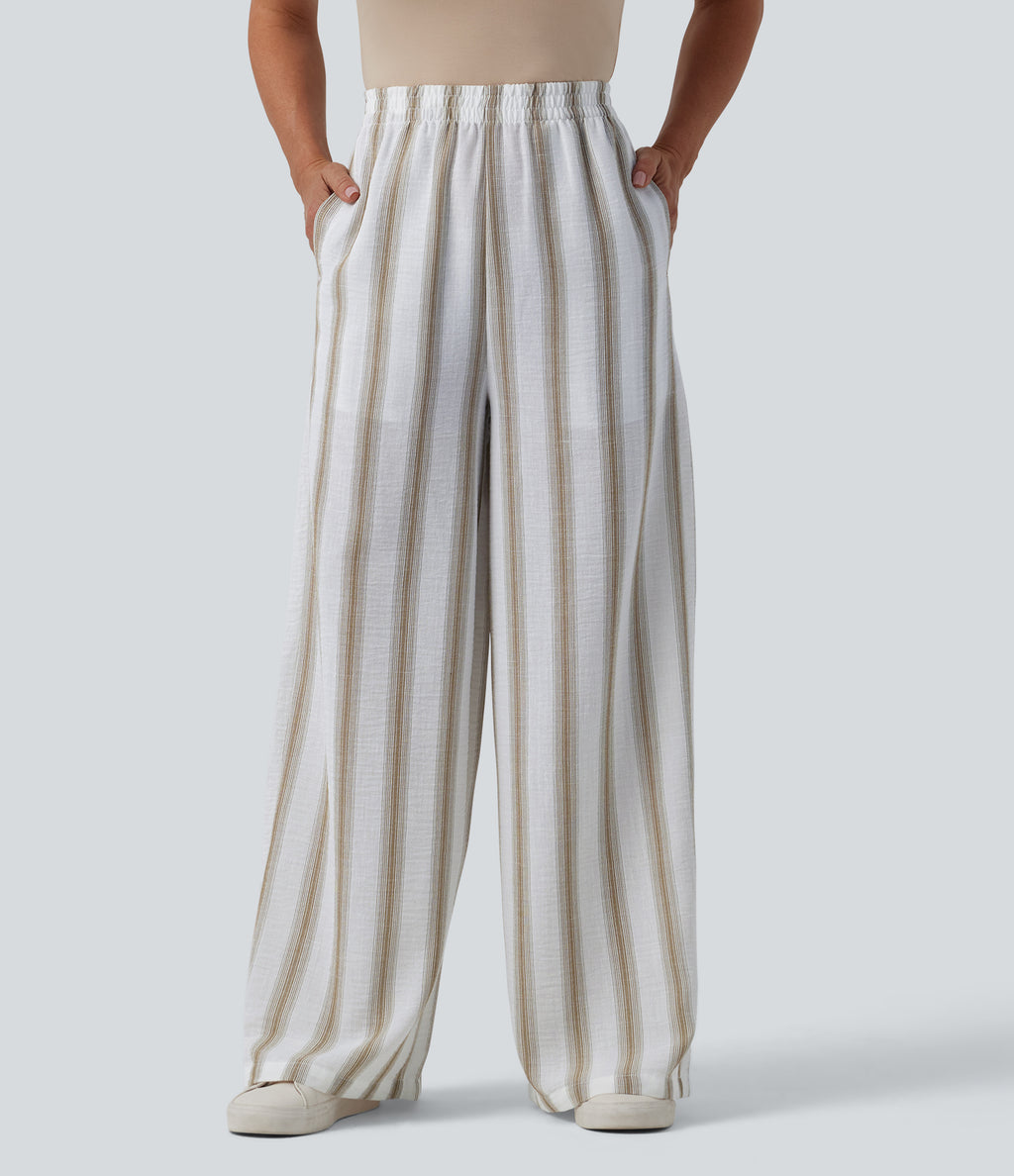 High Waisted Stripes Linen-Feel Casual Baggy Trousers with Pockets — Sandstone Stripe — view 1