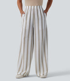 High Waisted Stripes Linen-Feel Casual Baggy Trousers with Pockets — Sandstone Stripe — view 1