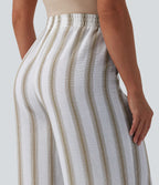 High Waisted Stripes Linen-Feel Casual Baggy Trousers with Pockets — Sandstone Stripe — view 5