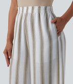 High Waisted Stripes Linen-Feel Casual Baggy Trousers with Pockets — Sandstone Stripe — view 4