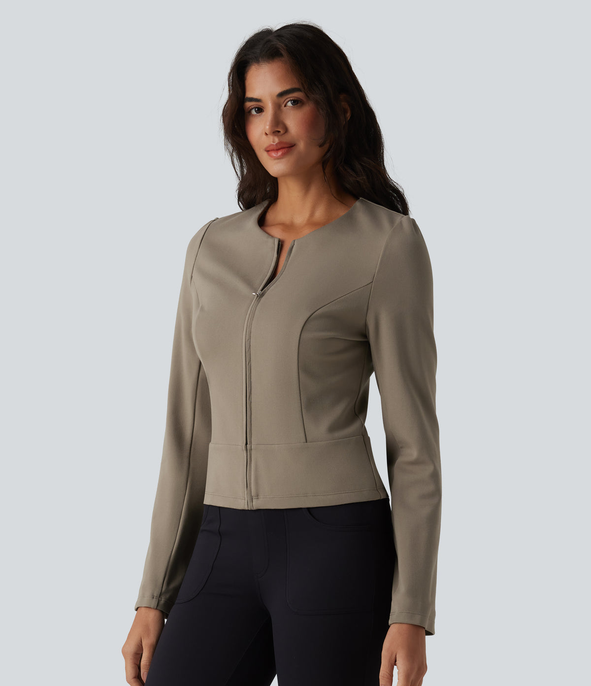 Round Neck Long Sleeve Work Jacket — Birch Brown — view 4