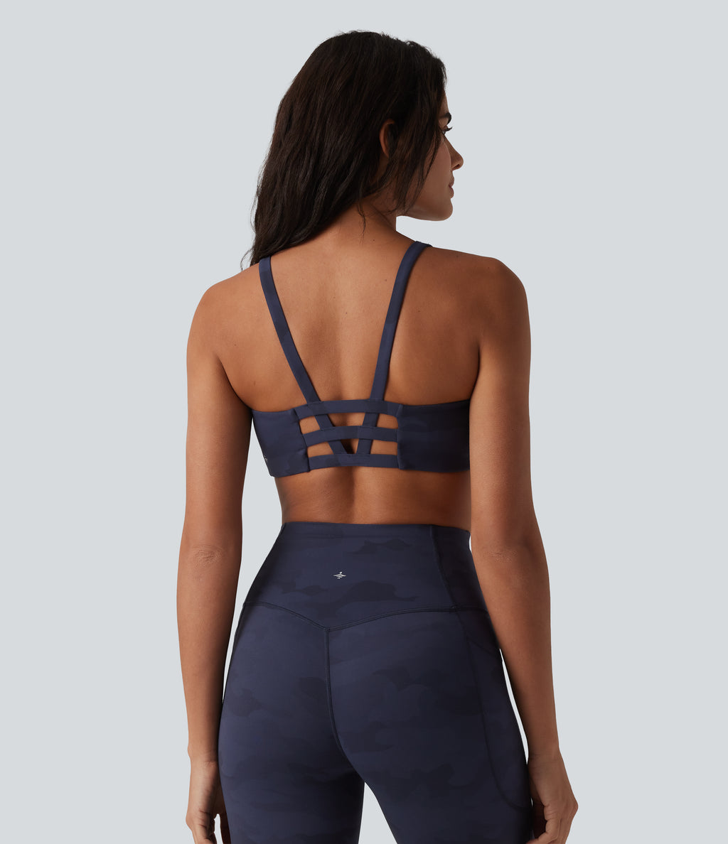 Camo Print Low Support U Neck Cut Out Yoga Sports Bra — Navy Camo — view 1