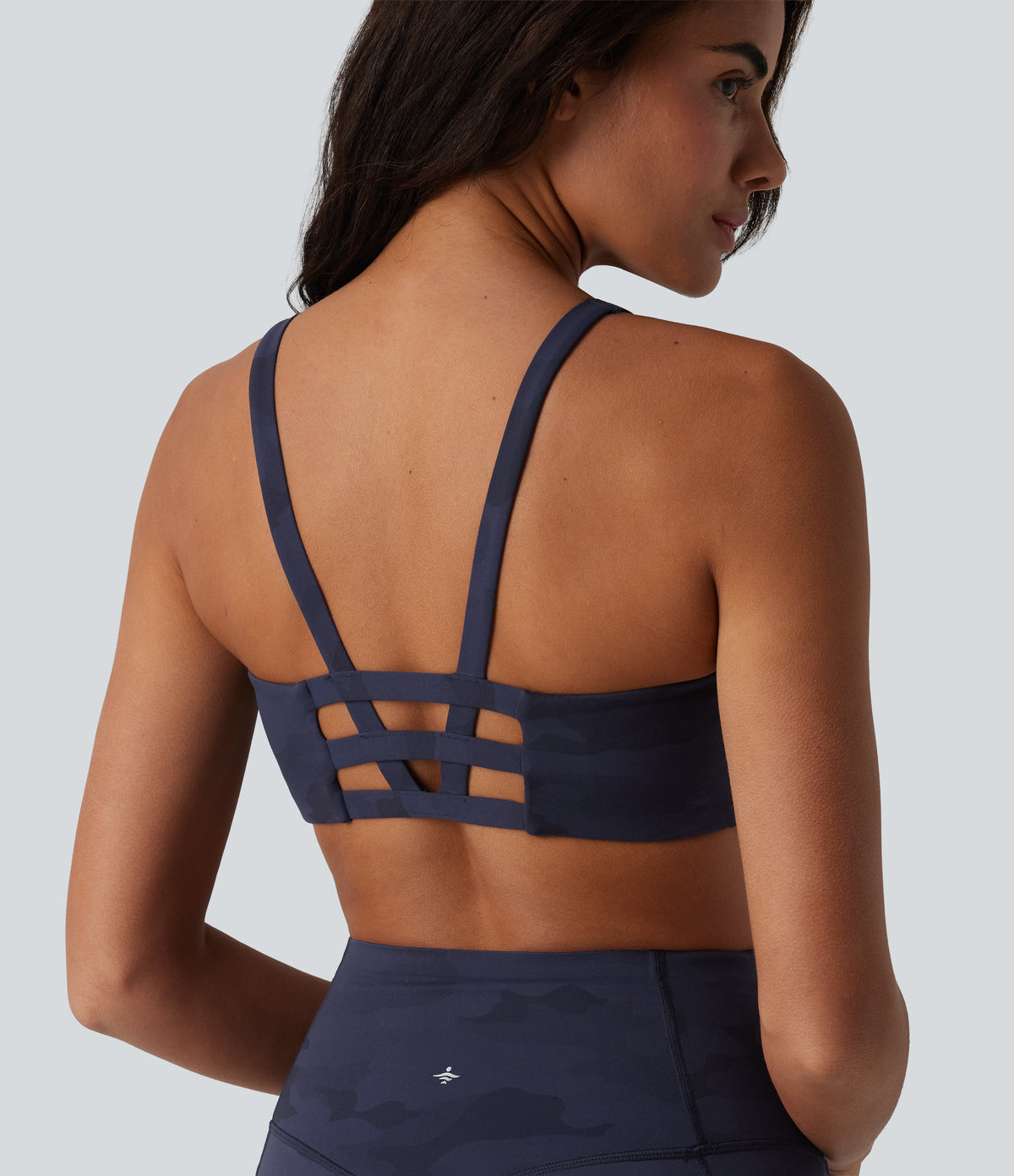 Camo Print Low Support U Neck Cut Out Yoga Sports Bra — Navy Camo — view 4