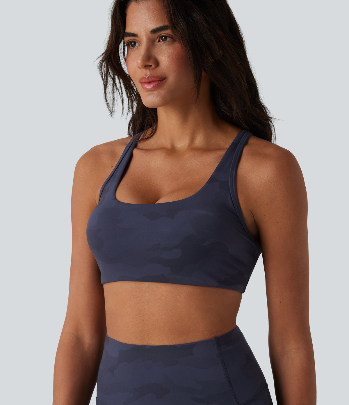 Camo Print Low Support U Neck Cut Out Yoga Sports Bra — Navy Camo — view 5
