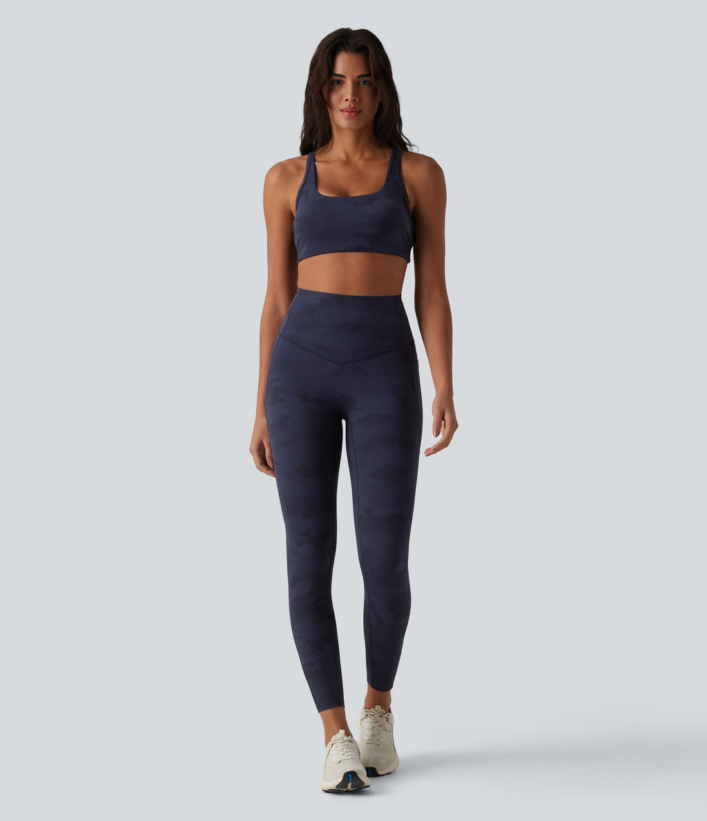 Camo Print Low Support U Neck Cut Out Yoga Sports Bra — Navy Camo — view 6