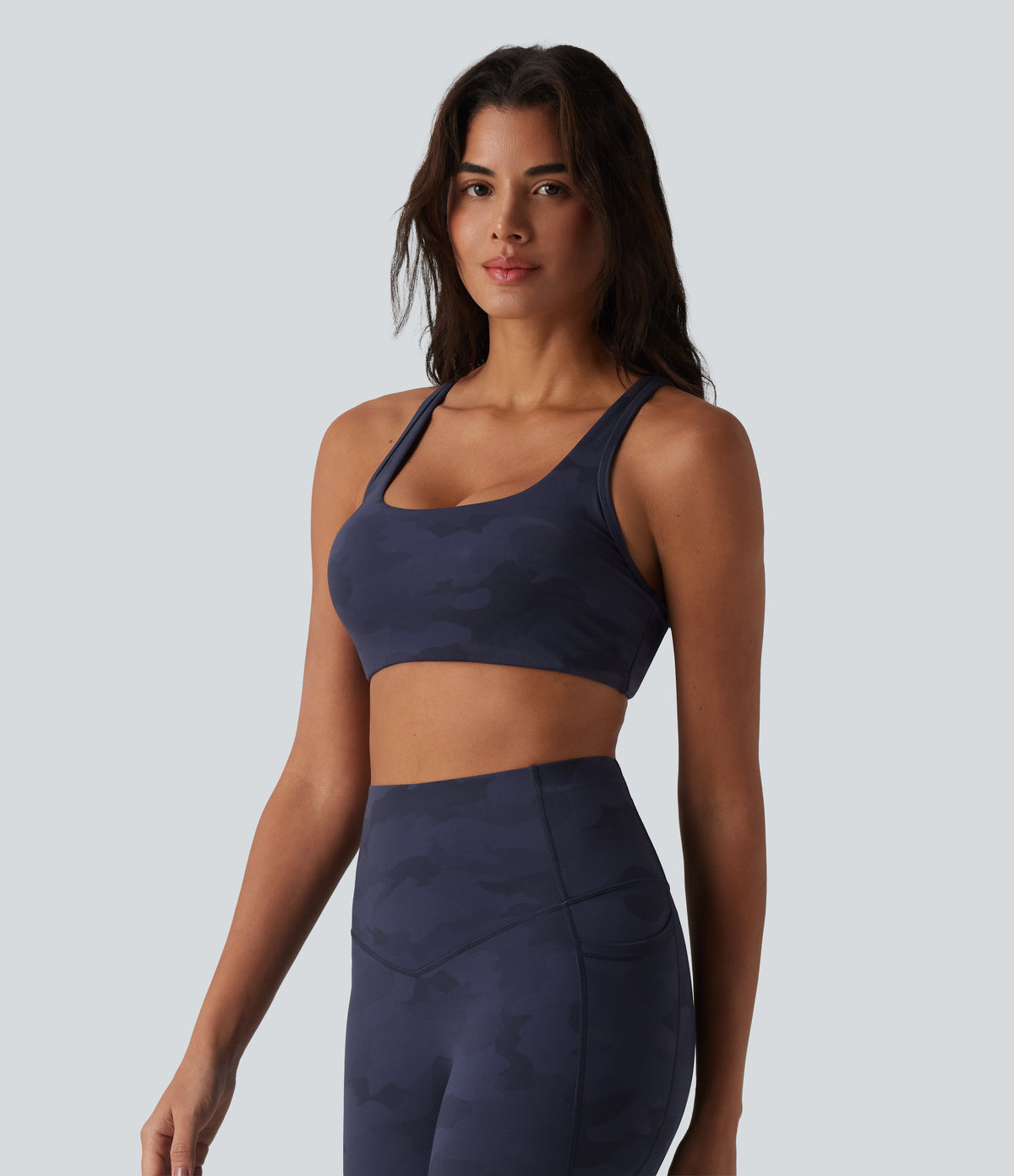 Camo Print Low Support U Neck Cut Out Yoga Sports Bra — Navy Camo — view 3