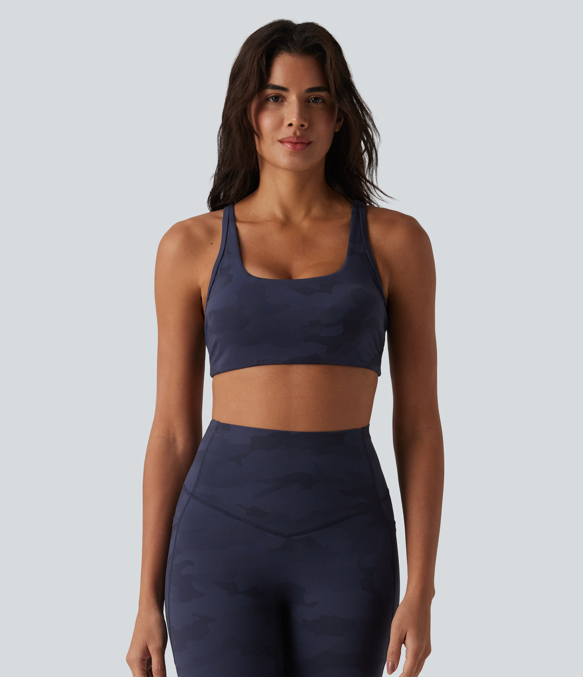 Camo Print Low Support U Neck Cut Out Yoga Sports Bra — Navy Camo — view 2