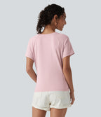 Round Neck Short Sleeve Casual T-Shirt with Pocket — Pale Lilac — view 2