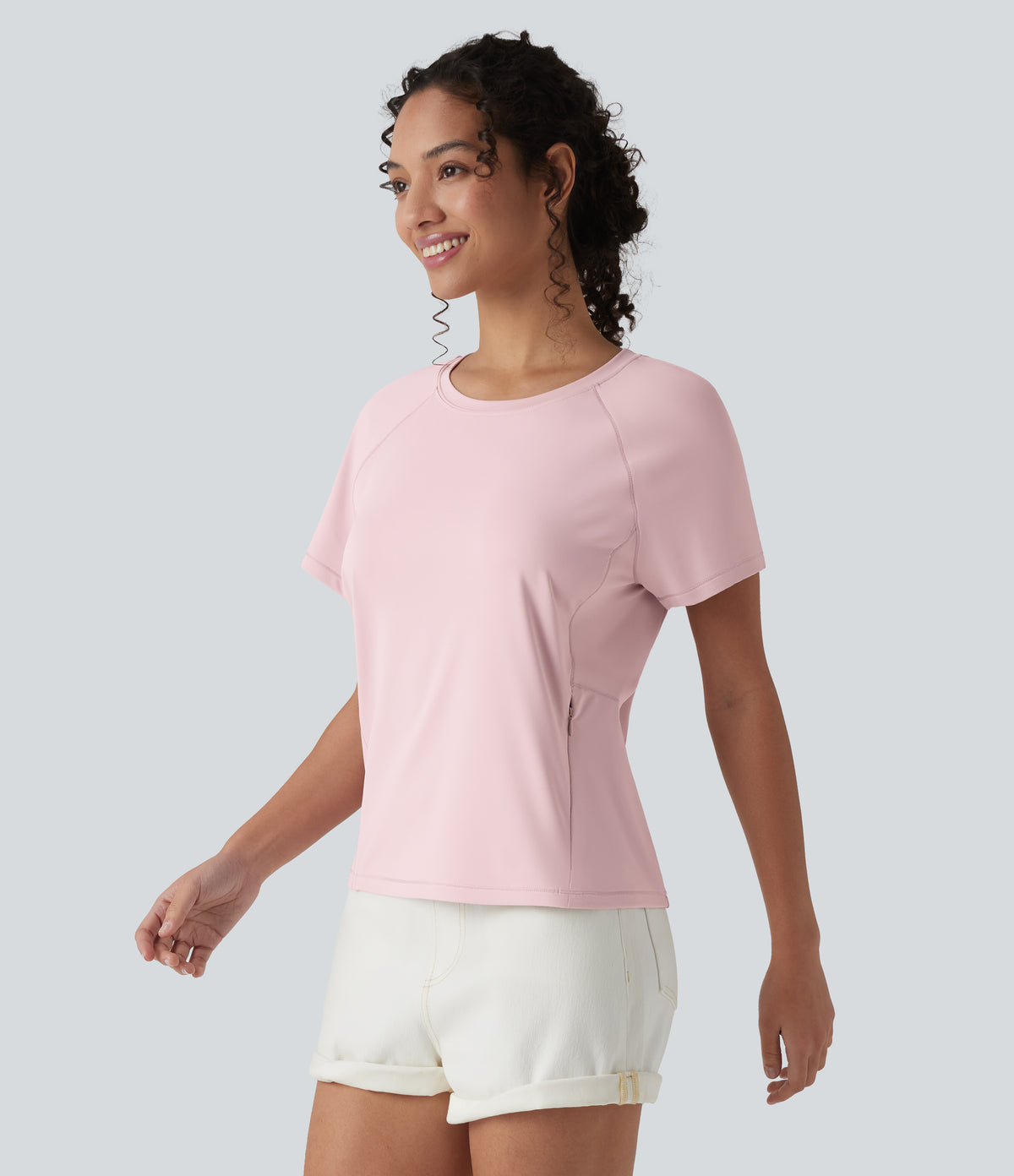Round Neck Short Sleeve Casual T-Shirt with Pocket — Pale Lilac — view 3
