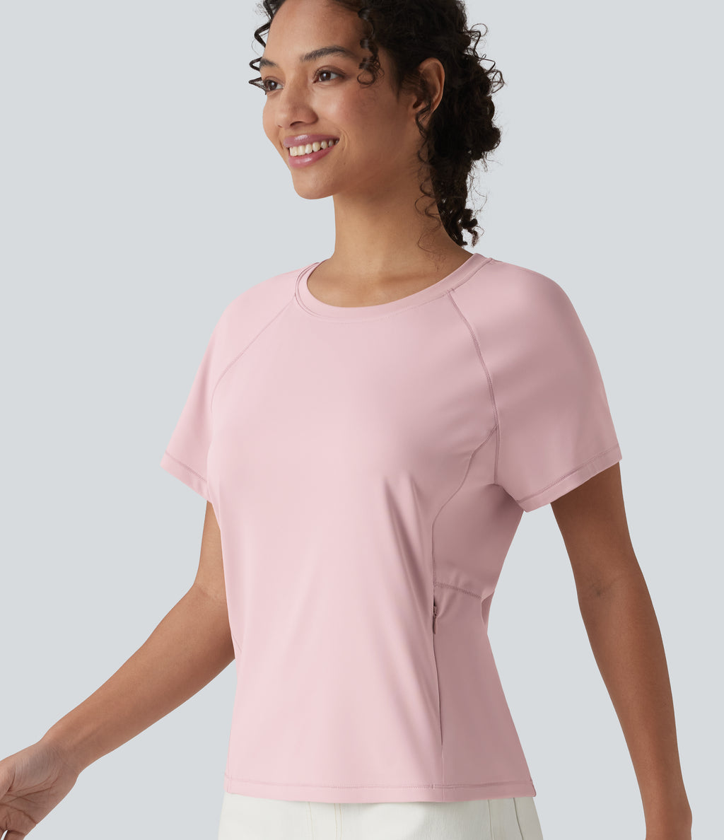 Round Neck Short Sleeve Casual T-Shirt with Pocket — Pale Lilac — view 4