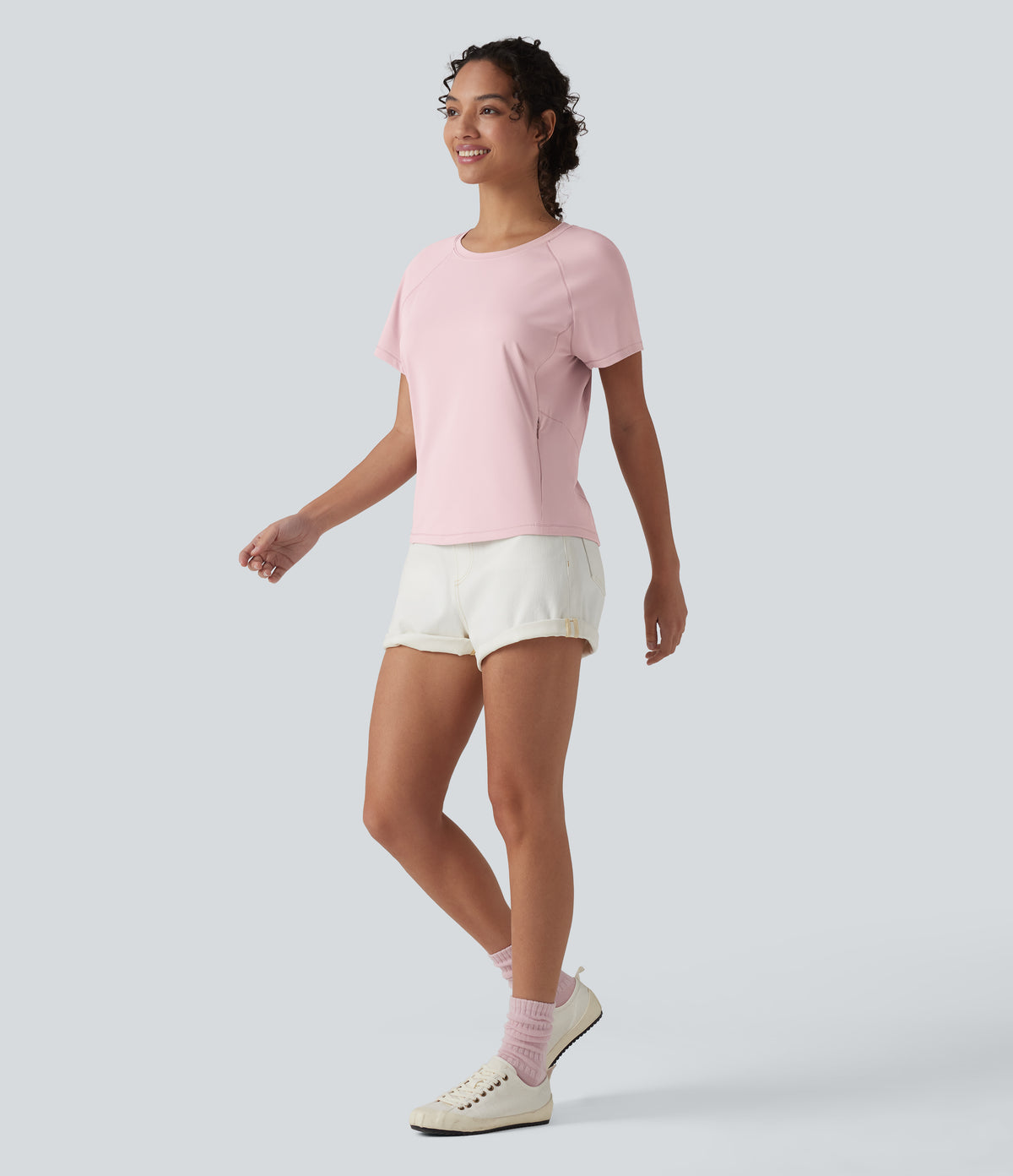 Round Neck Short Sleeve Casual T-Shirt with Pocket — Pale Lilac — view 6