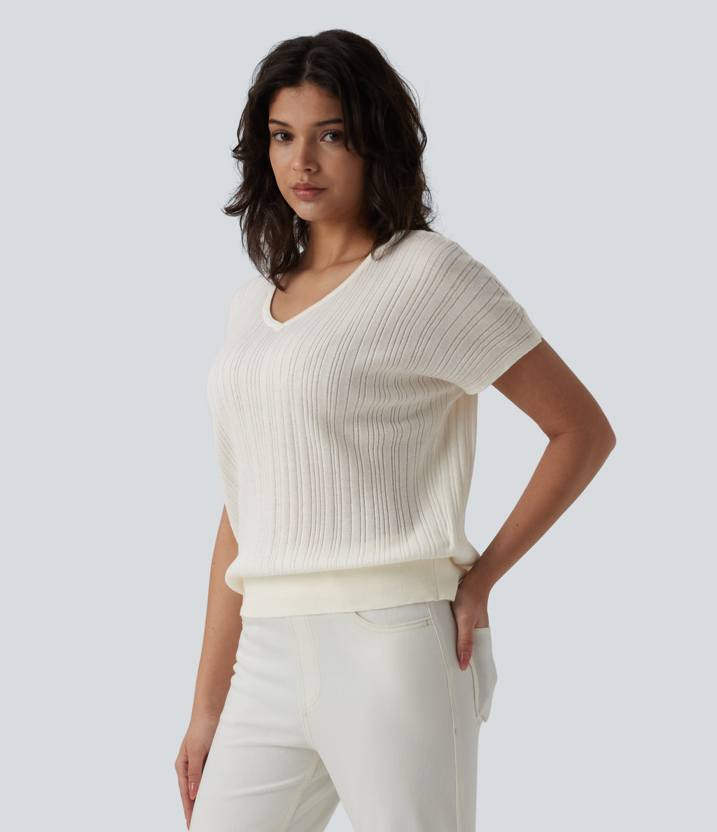 V Neck Short Sleeve Wool-Blend Casual Jumper — Snowfall — view 3