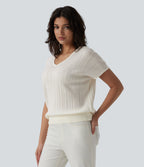 V Neck Short Sleeve Wool-Blend Casual Jumper — Snowfall — view 3