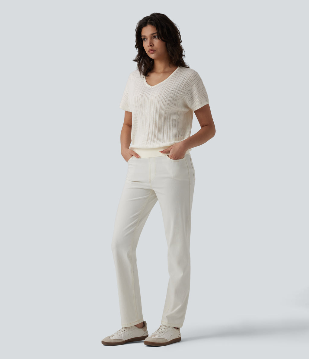V Neck Short Sleeve Wool-Blend Casual Jumper — Snowfall — view 5