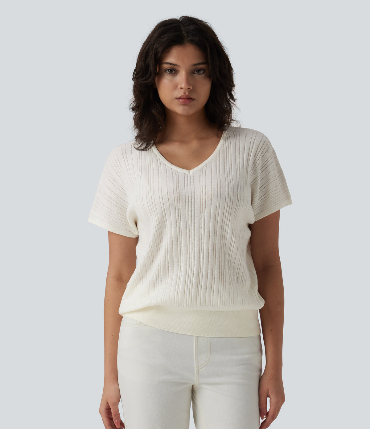 V Neck Short Sleeve Wool-Blend Casual Jumper — Snowfall — view 4