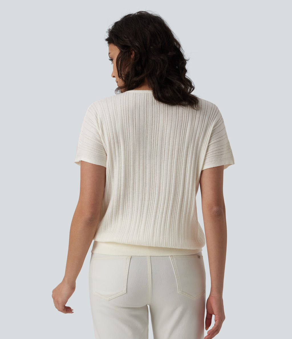 V Neck Short Sleeve Wool-Blend Casual Jumper — Snowfall — view 2