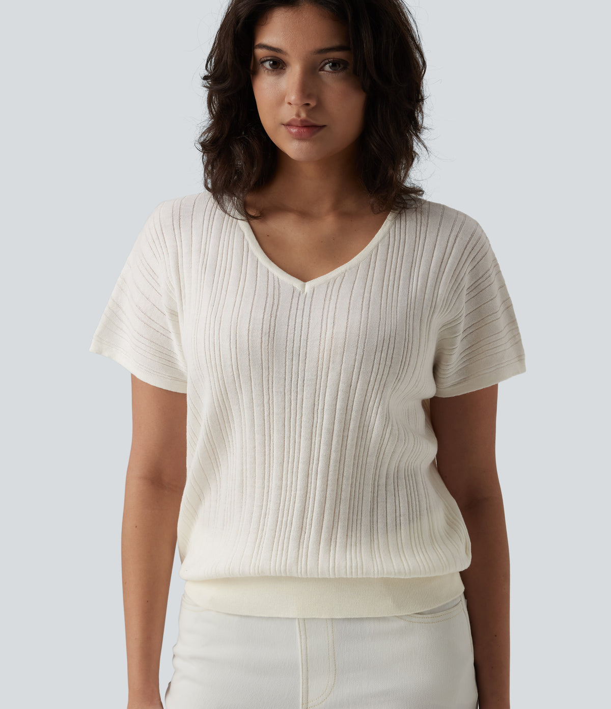V Neck Short Sleeve Wool-Blend Casual Jumper — Snowfall — view 1