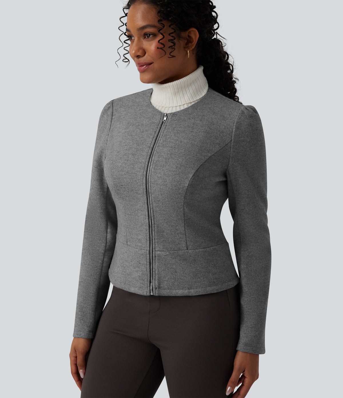 Round Neck Long Sleeve Zipper Fleece Work Jacket — Charcoal Grey — view 5