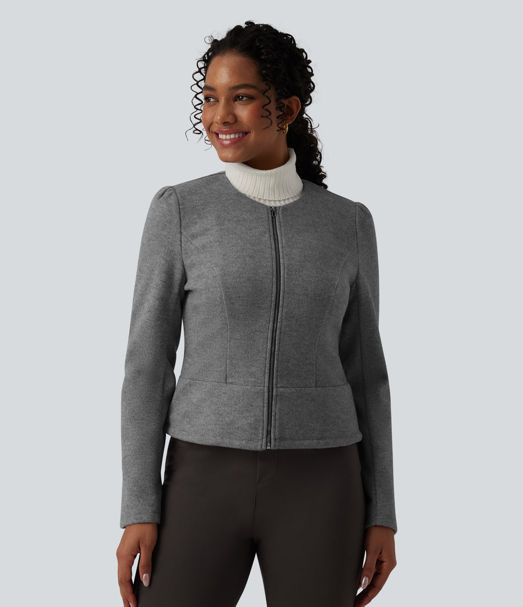 Round Neck Long Sleeve Zipper Fleece Work Jacket — Charcoal Grey — view 4